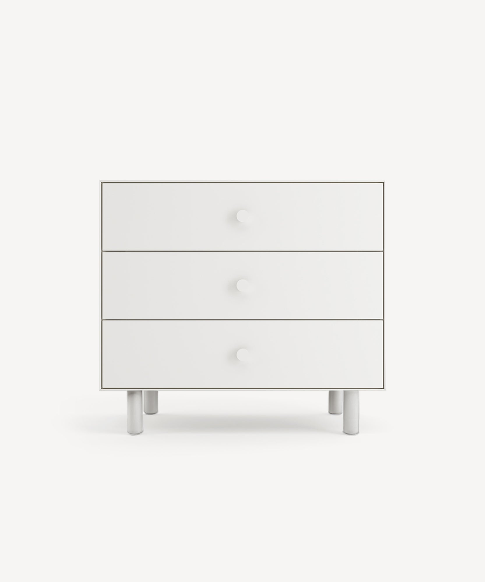 Classic 3-Drawer Dresser with round handles and cylindrical legs set against a plain background.