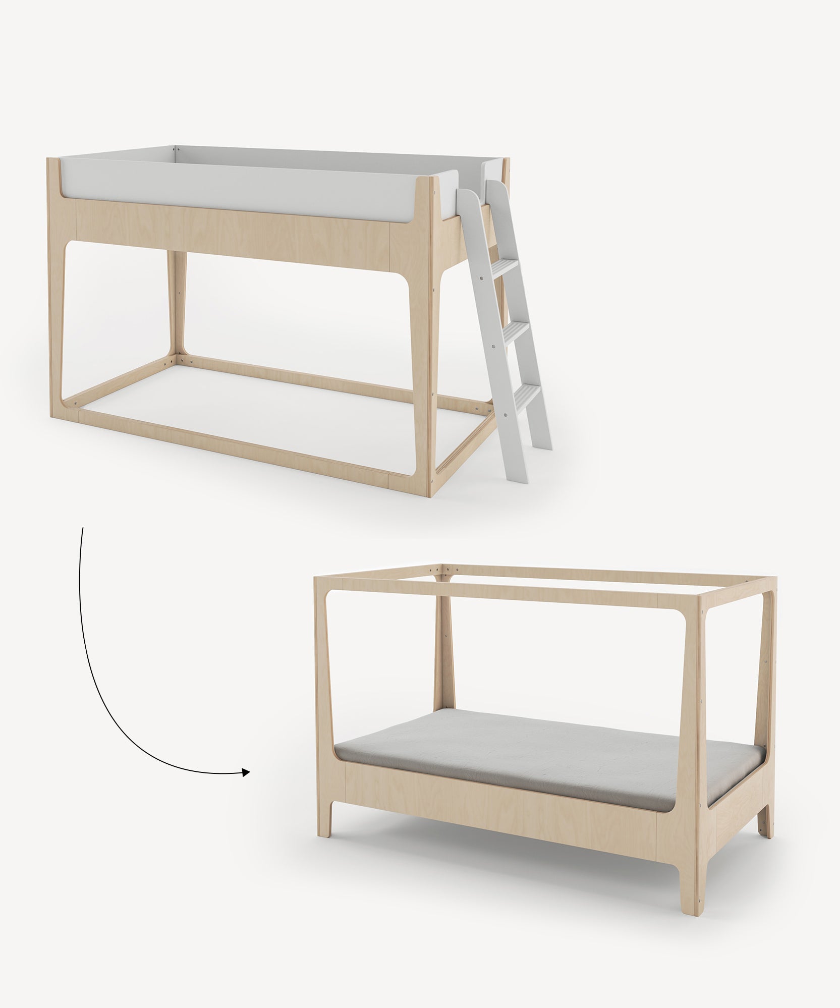 The Perch Nest Bed is a wooden convertible bunk bed that transforms into a lower bed with a side ladder, depicted with an arrow.