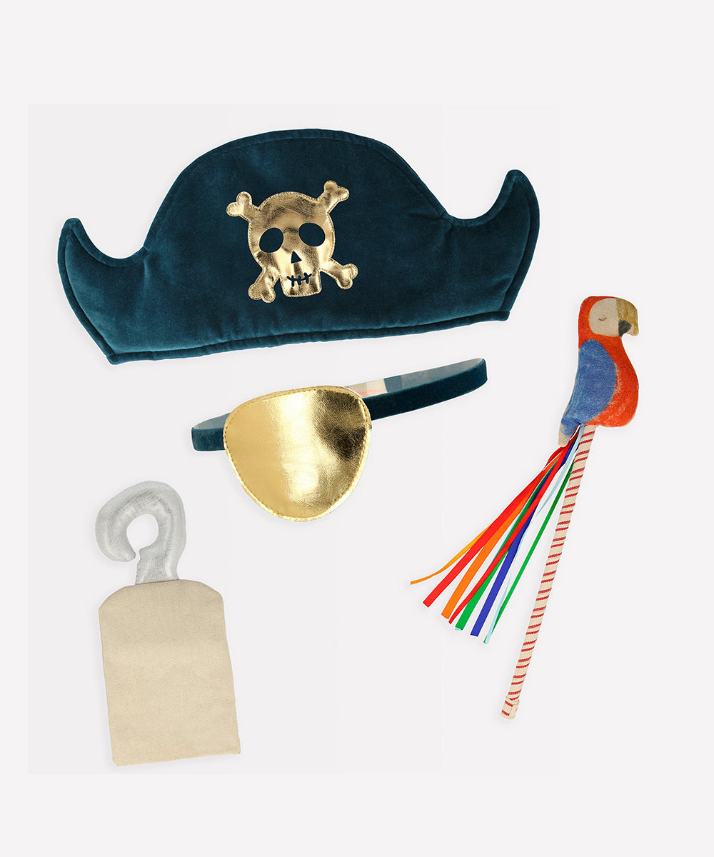 The Pirate Costume includes a hat, gold eye patch, hook hand, and a stick with a colorful parrot.