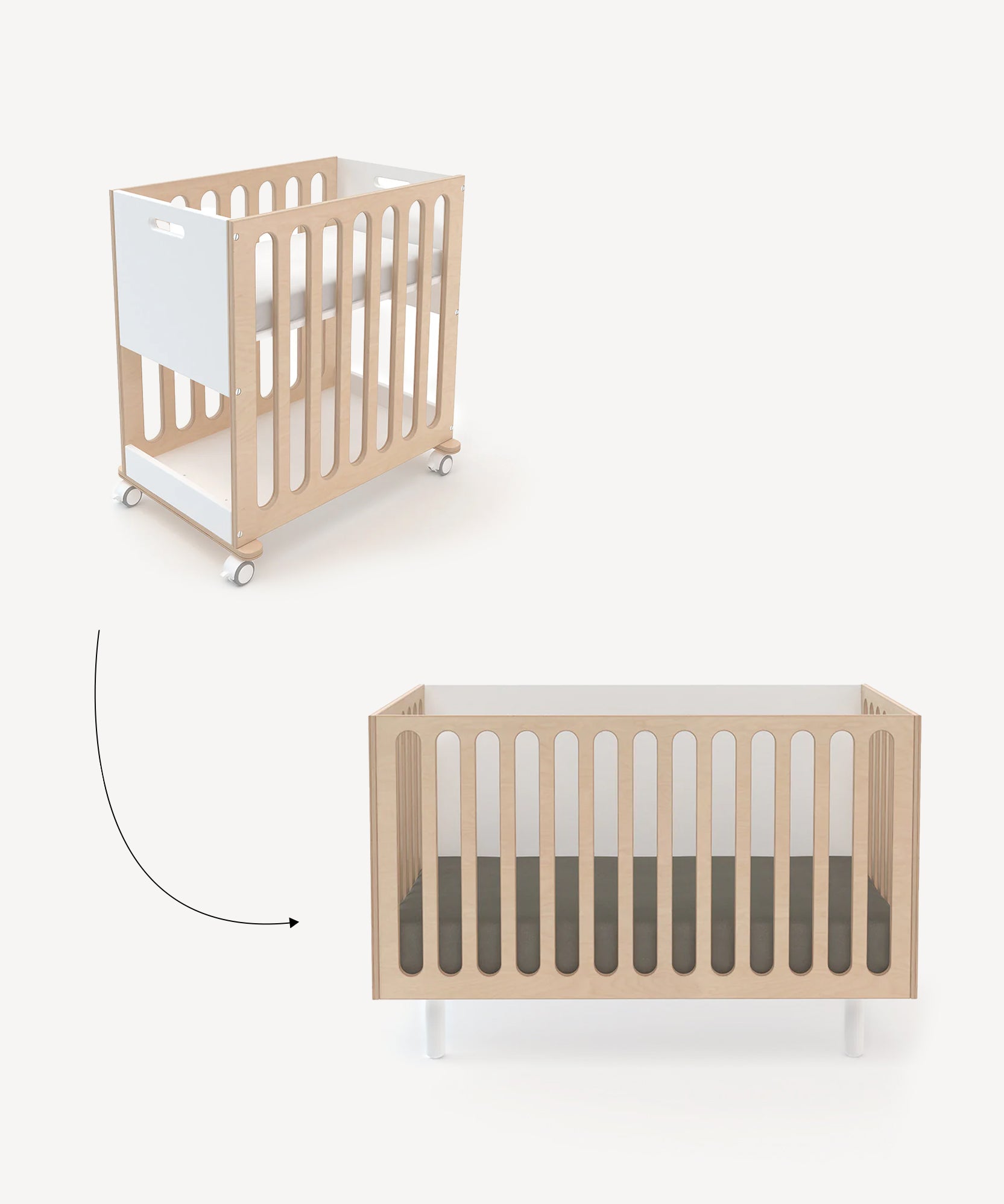 Fawn 2-in-1 Crib System displayed in two setups: the smaller has wheels, while the larger does not.