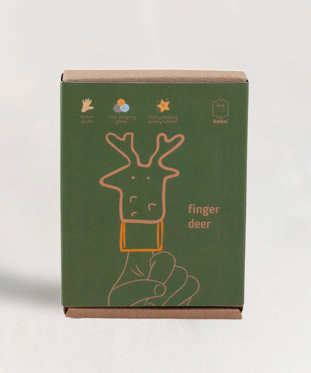 The Le Deer Finger Puppet comes in a box with a green cover displaying a deer-like finger puppet illustration, labeled finger deer, featuring icons for quick build, role playing, and storytelling.