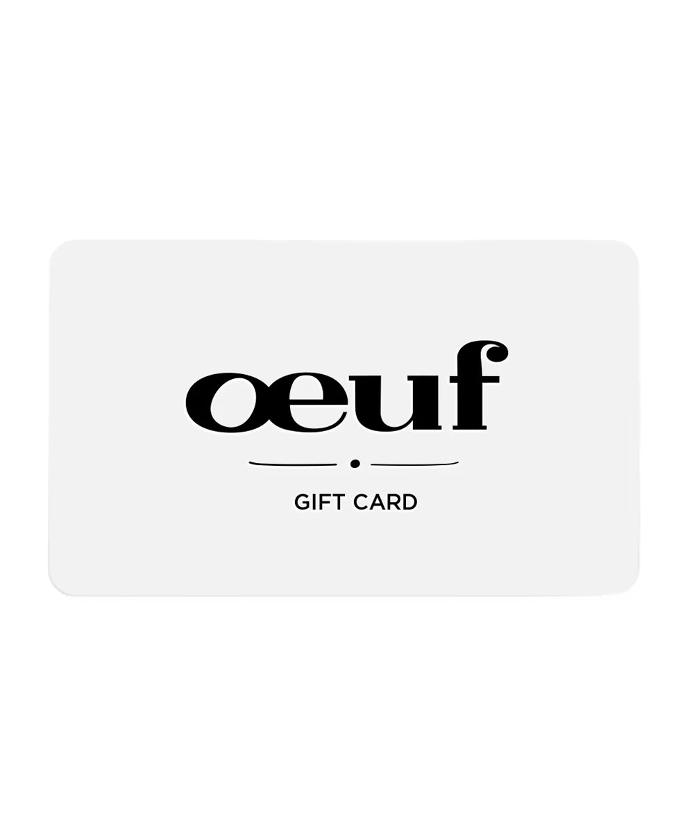 White Gift Card featuring "oeuf" in bold black letters and "GIFT CARD" printed below.