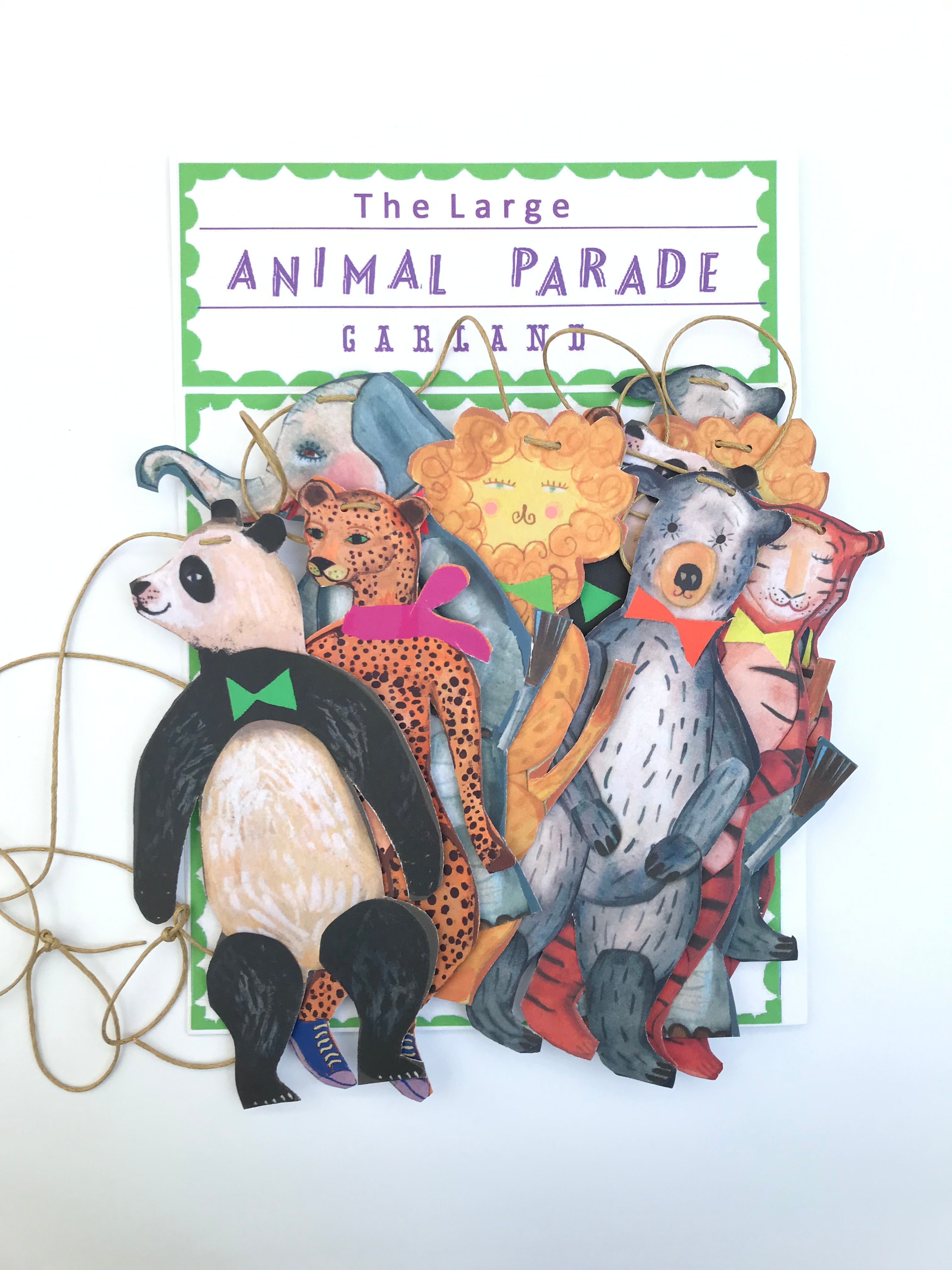 Le Garland - Animal Parade showcases illustrated animals, including a panda, cheetah, and bear, each equipped with string for easy hanging.