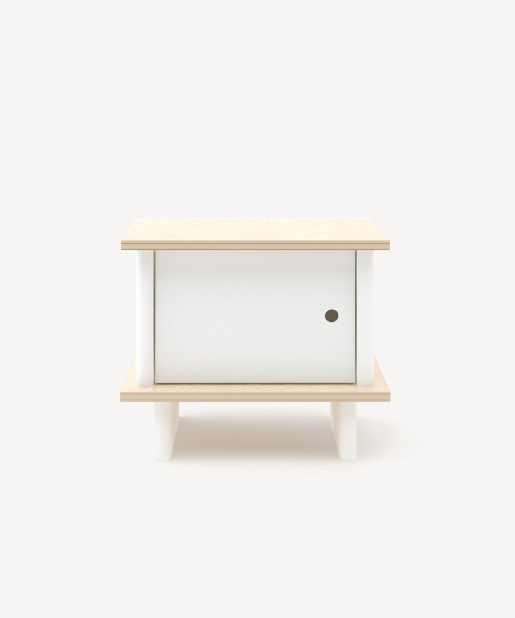 ML Nightstand in small white and wood design features a sliding door with a circular handle, set against a plain backdrop.