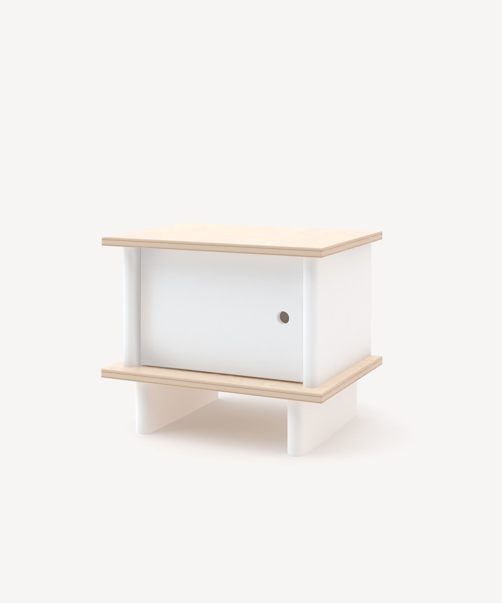 ML Nightstand: A minimalist bedside table in white and beige featuring a small round hole and a central sliding compartment.