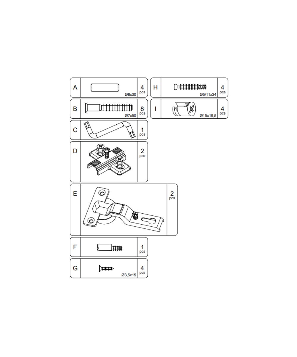 ML Nightstand Hardware assembly diagram with labeled parts, screws, and hinges plus quantities for each component.