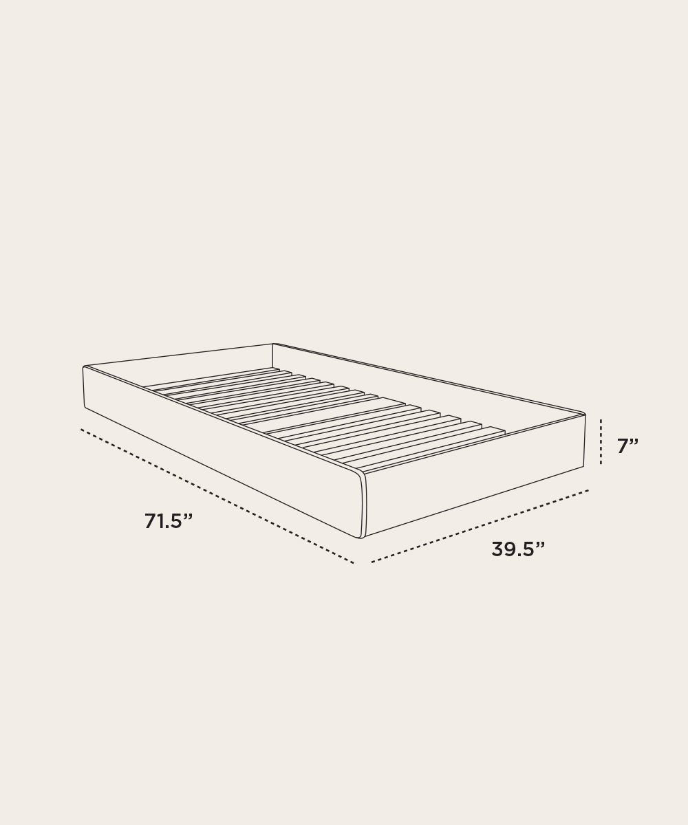 The Perch Trundle Bed & Ladder Conversion Kit features a rectangular bed base measuring 71.5 in length, 39.5 in width, and 7 in height.