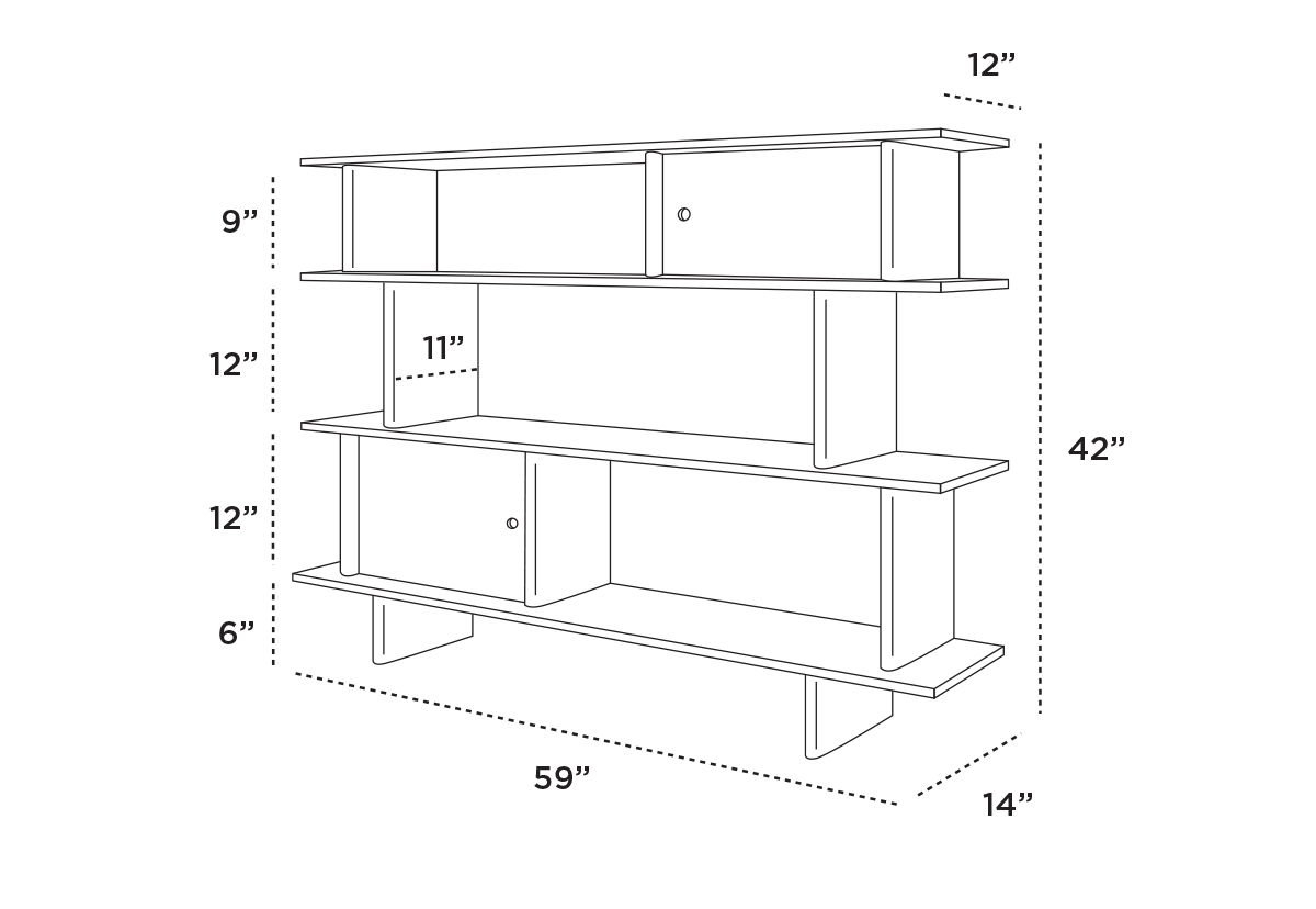 Line drawing of a three-shelf unit with cabinet doors. Dimensions: 59 wide, 42 tall, and 14 deep. Shelf heights: 6, 12, and 9. Upper cabinet: 11 tall.