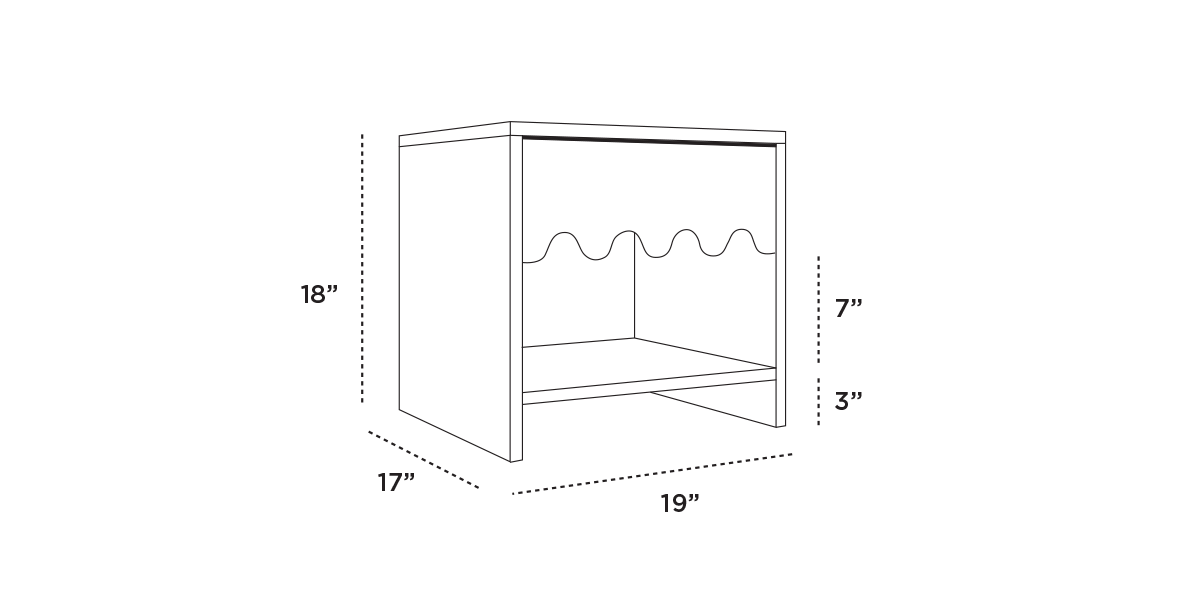 Line drawing of a box with dimensions: 18 tall, 19 wide, and 17 deep. Inside, there are wavy dividers, measuring 7 high with an additional 3 base.