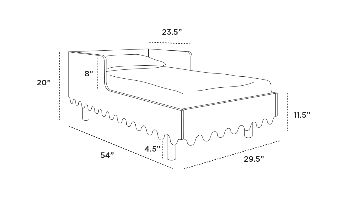 Illustration of a bed with dimensions: headboard 20 high, footboard 11.5 high, mattress 8 high, bed length 54, width 29.5, headboard depth 23.5, and leg height 4.5.