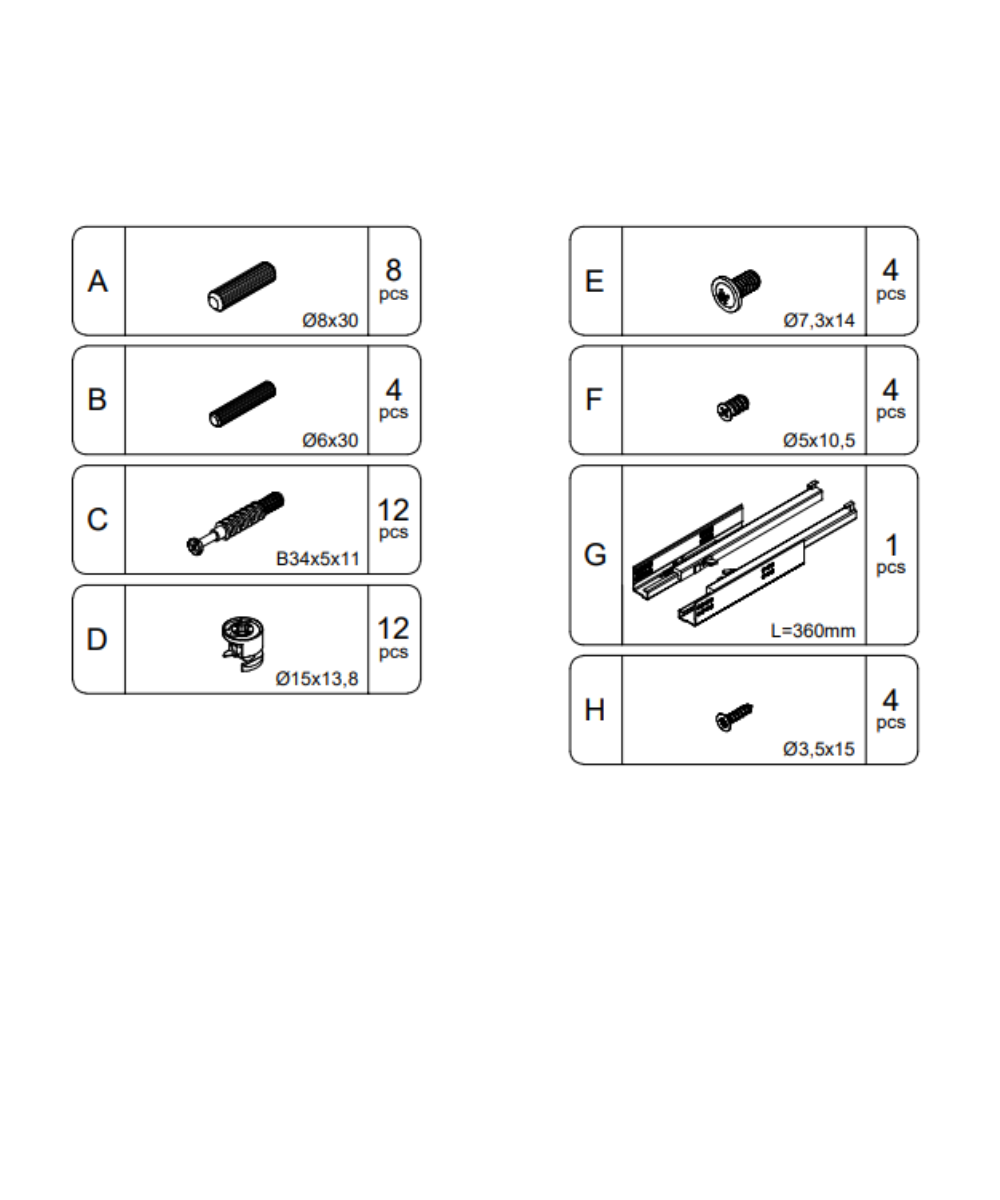 Diagram of Moss Nightstand Hardware (A-H) with labeled parts, quantities, dimensions, and assembly illustrations.