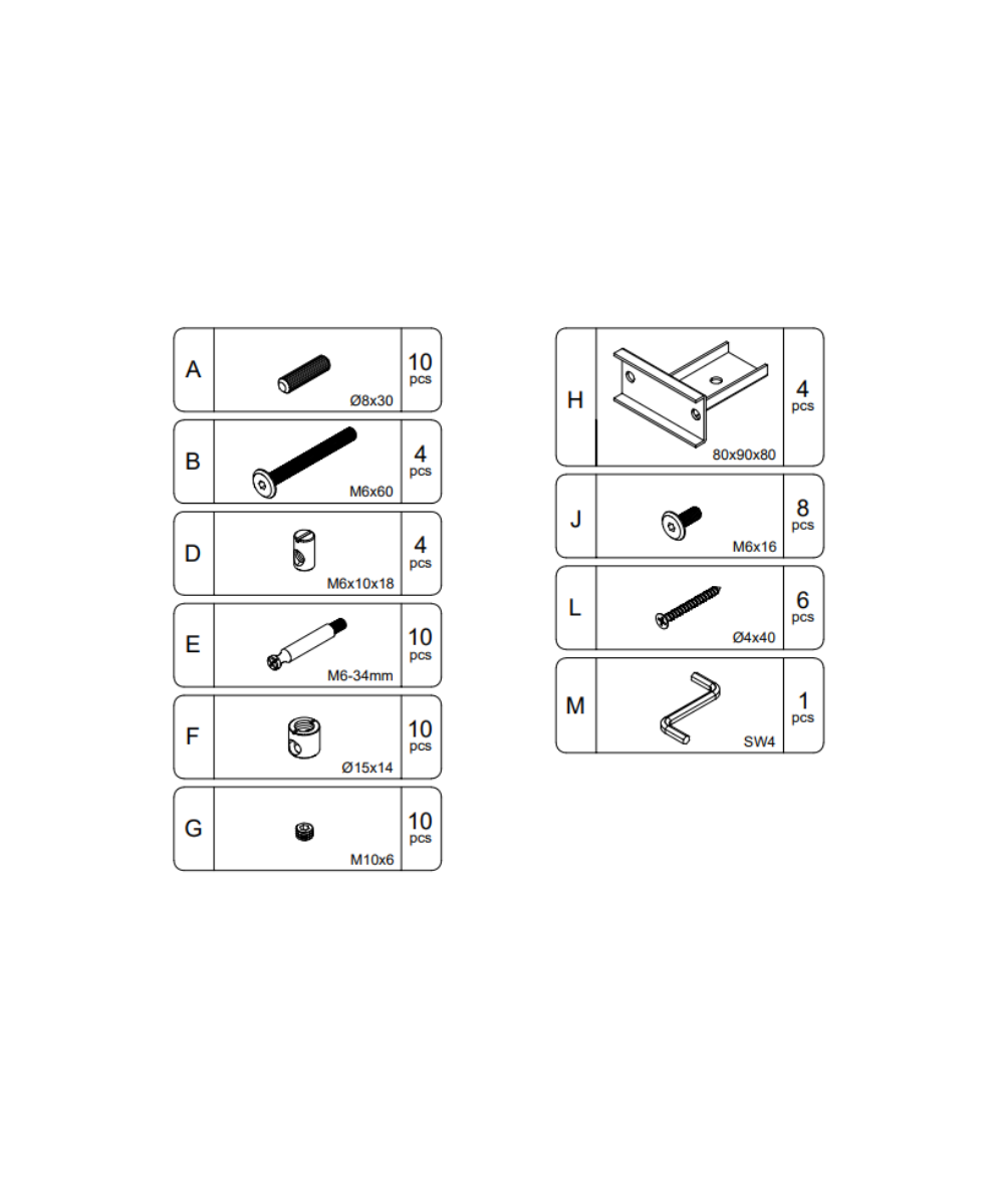 Moss Toddler Bed Hardware diagram with labeled components A–M, including each part’s quantity and dimensions.