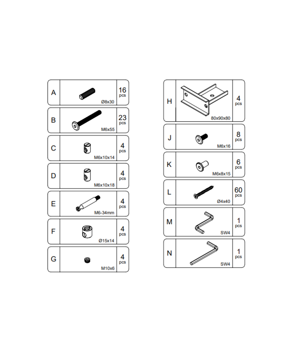 Moss Twin Bed Hardware list includes labeled parts, quantities, and illustrations for screws, bolts, and assembly tools.