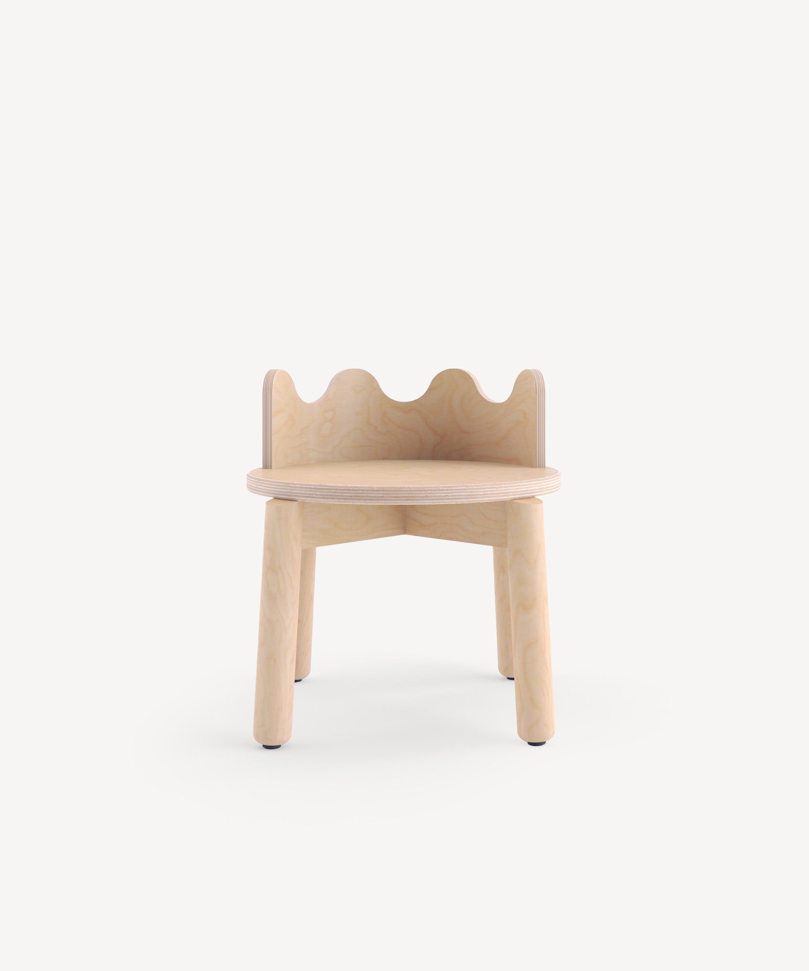 Set of 2 Moss Chairs: Wooden children's chairs featuring a crown-shaped backrest and three legs, displayed on a plain background.