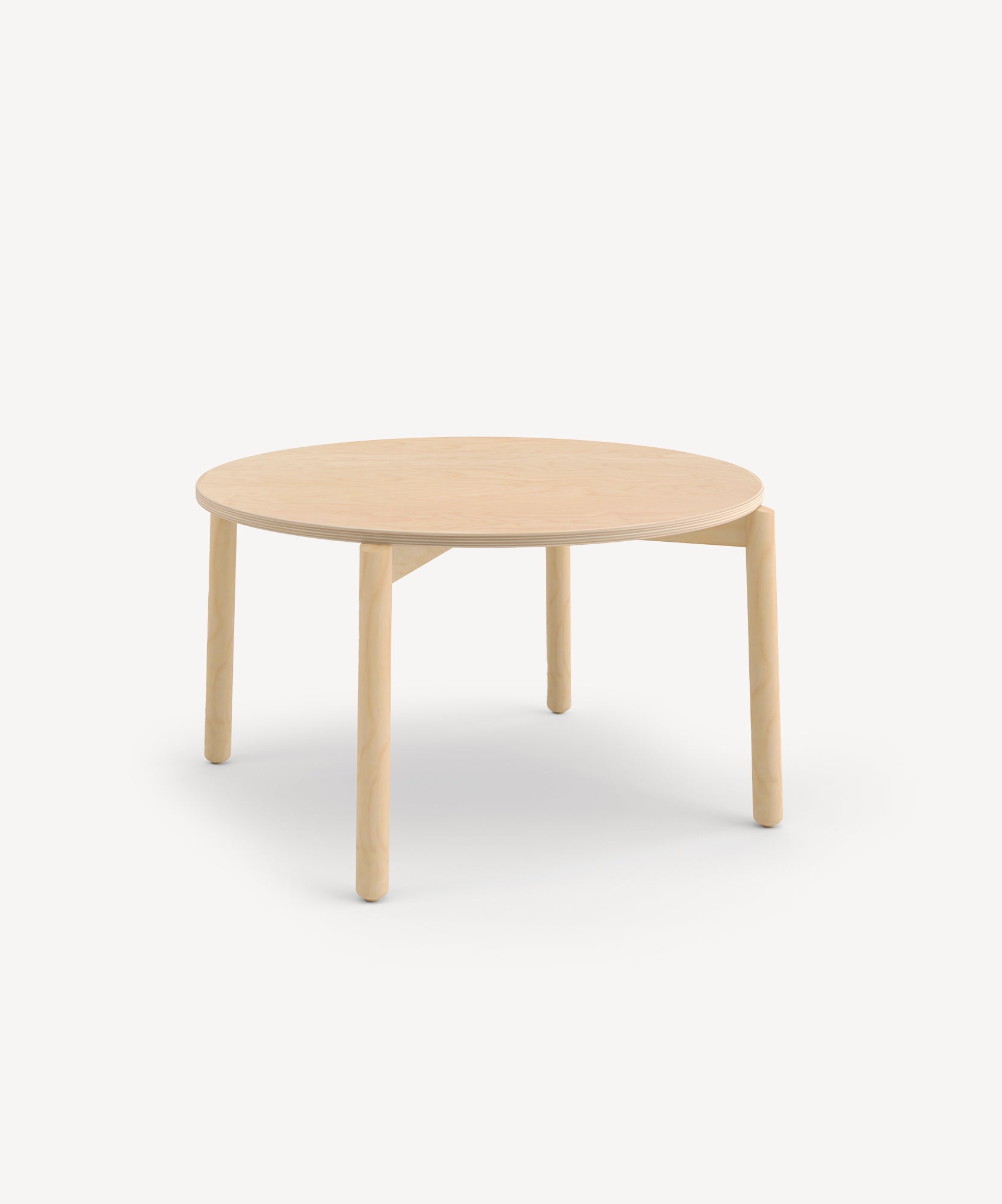 The Moss Table is a minimalist round wooden design with four legs set against a white background.