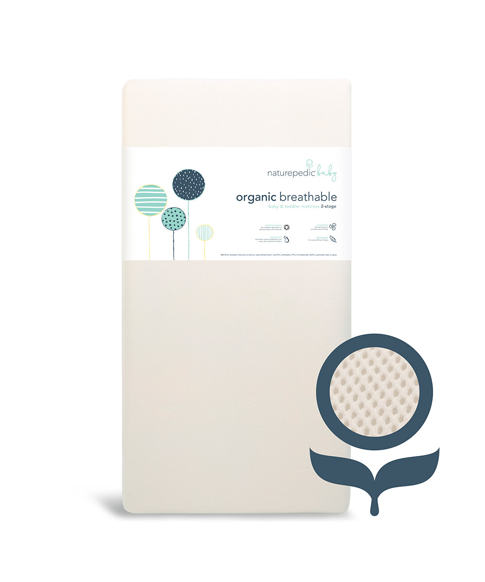 Naturepedic Organic Breathable Baby Crib Mattress (2-Stage) features an organic label and circular breathable fabric inset.