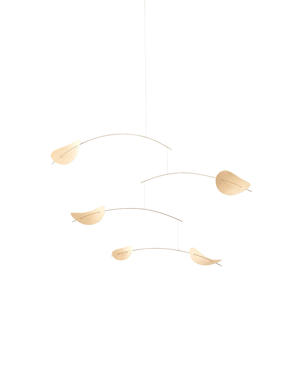 Drifting Clouds | Nature | Size M: Minimalist hanging mobile with four thin arms and five wooden leaf shapes on a white background.