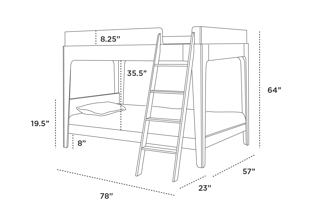 Diagram of a bunk bed with dimensions: 64 height, 78 length, 57 width. Top bunk height 35.5, bottom 19.5, ladder 8.25 wide, lower bunk 8 above floor, bed depth 23.