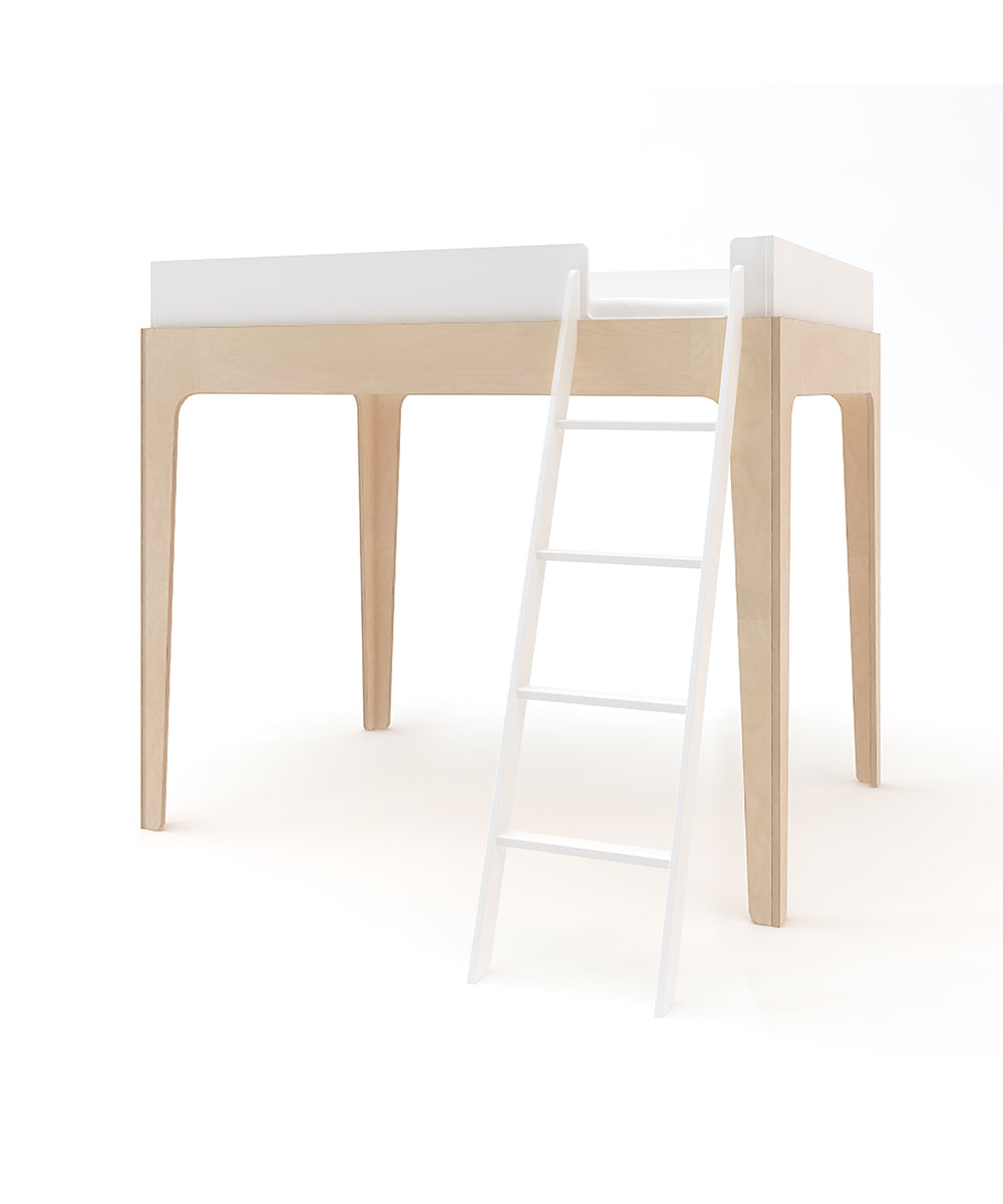 The Perch Full Loft Bed is a minimalist design featuring a wooden build and a white ladder.