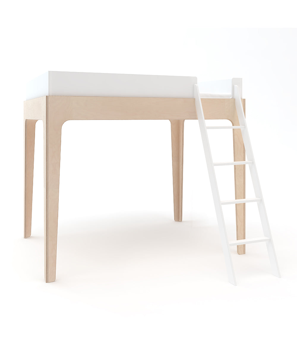 The Perch Full Loft Bed features a wooden design with a white ladder, shown against a white background.