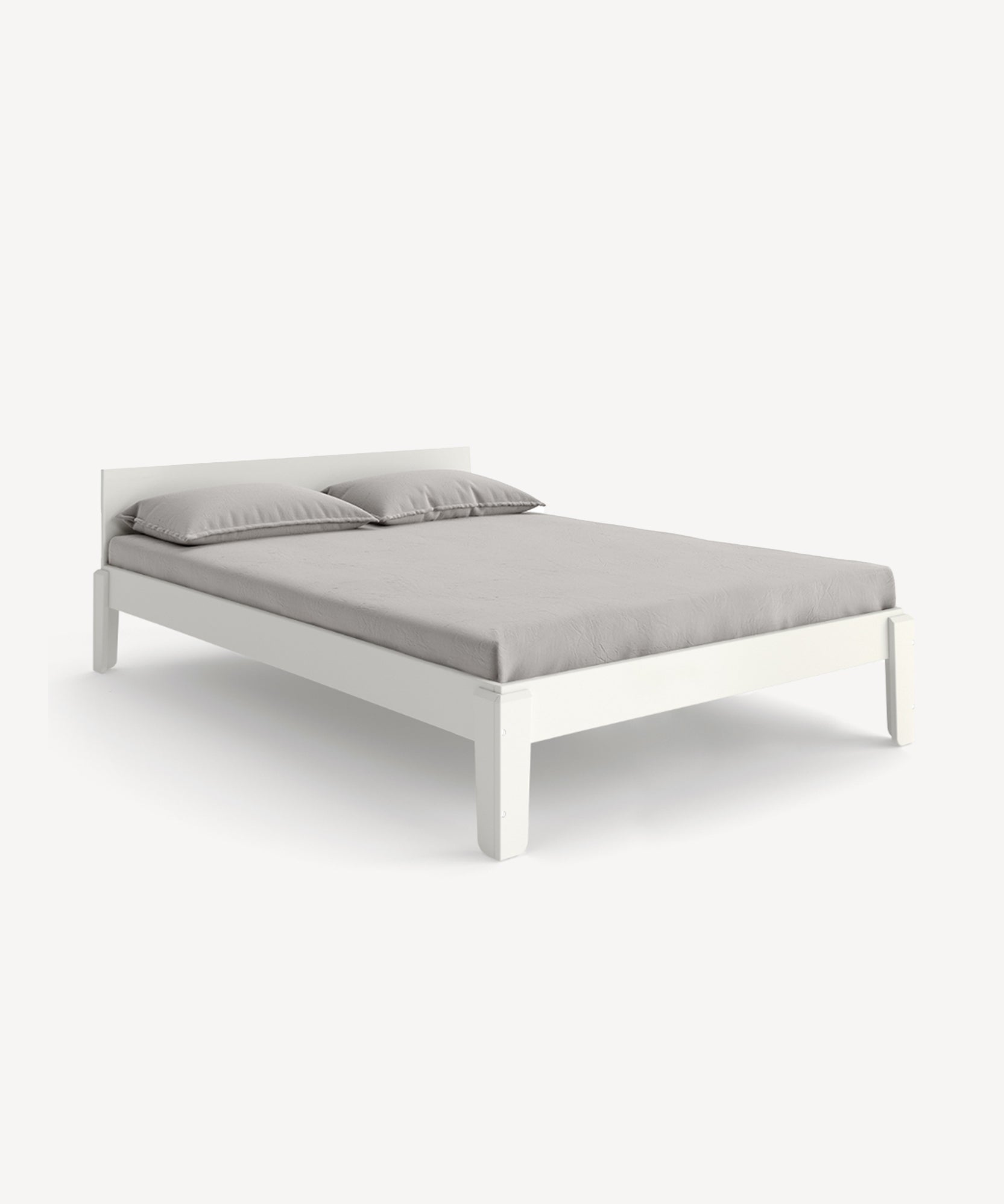 Perch Full Bed: A minimalist white frame featuring a gray mattress and two pillows against a plain background.