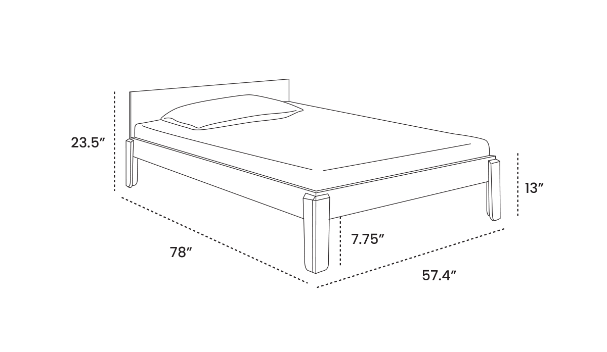 Illustration of a bed with dimensions: height 23.5 inches, length 78 inches, width 57.4 inches, and clearance under the bed 7.75 inches.