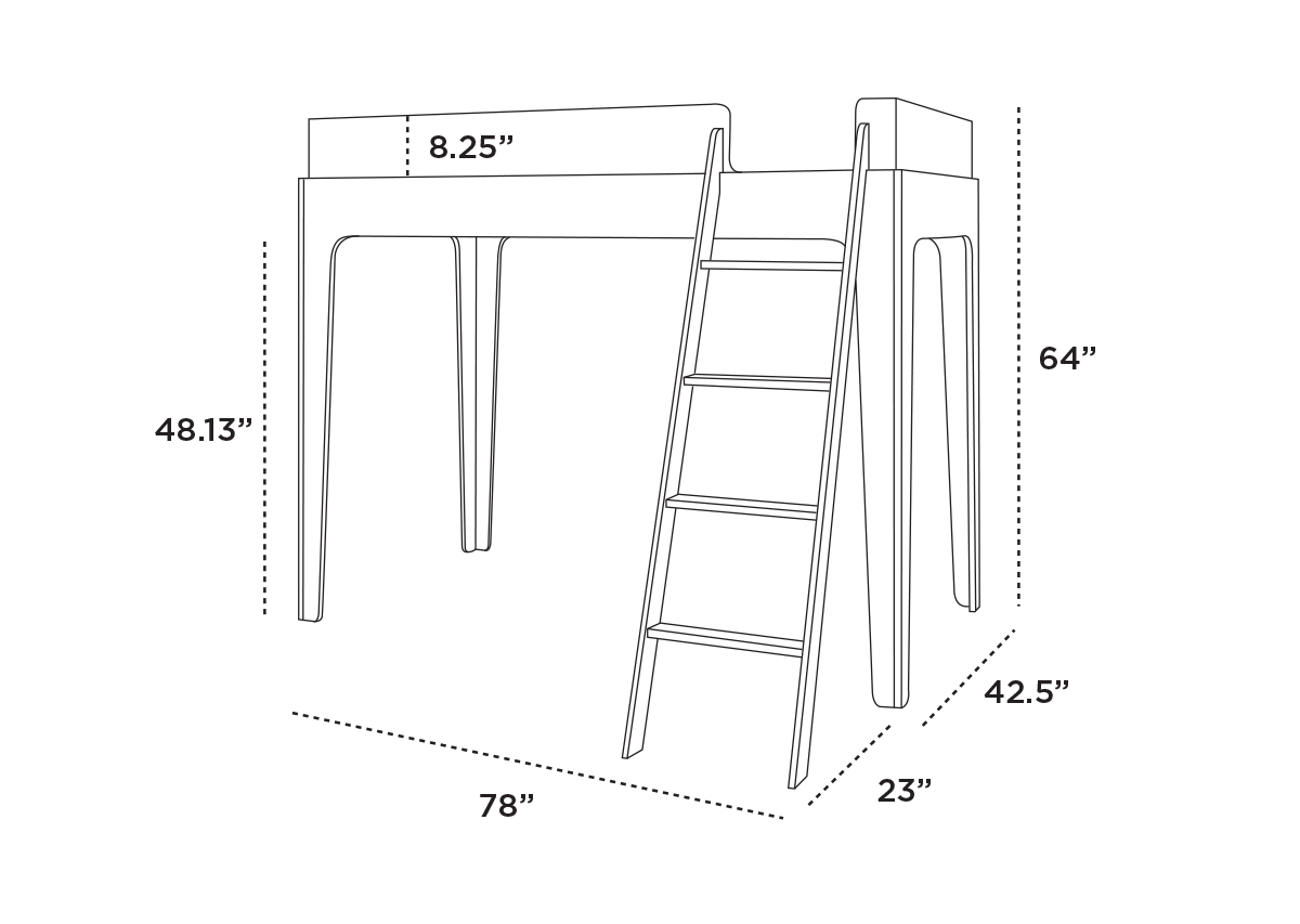 Diagram of a loft bed with ladder. Dimensions: height 64, length 78, width 42.5, bed height 48.13, guard rail height 8.25, and ladder base depth 23.