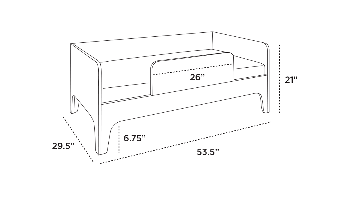 A black and white diagram of a bench with dimensions. Length: 53.5 inches, height: 29.5 inches, backrest height: 21 inches, seat height: 6.75 inches, seat width: 26 inches.