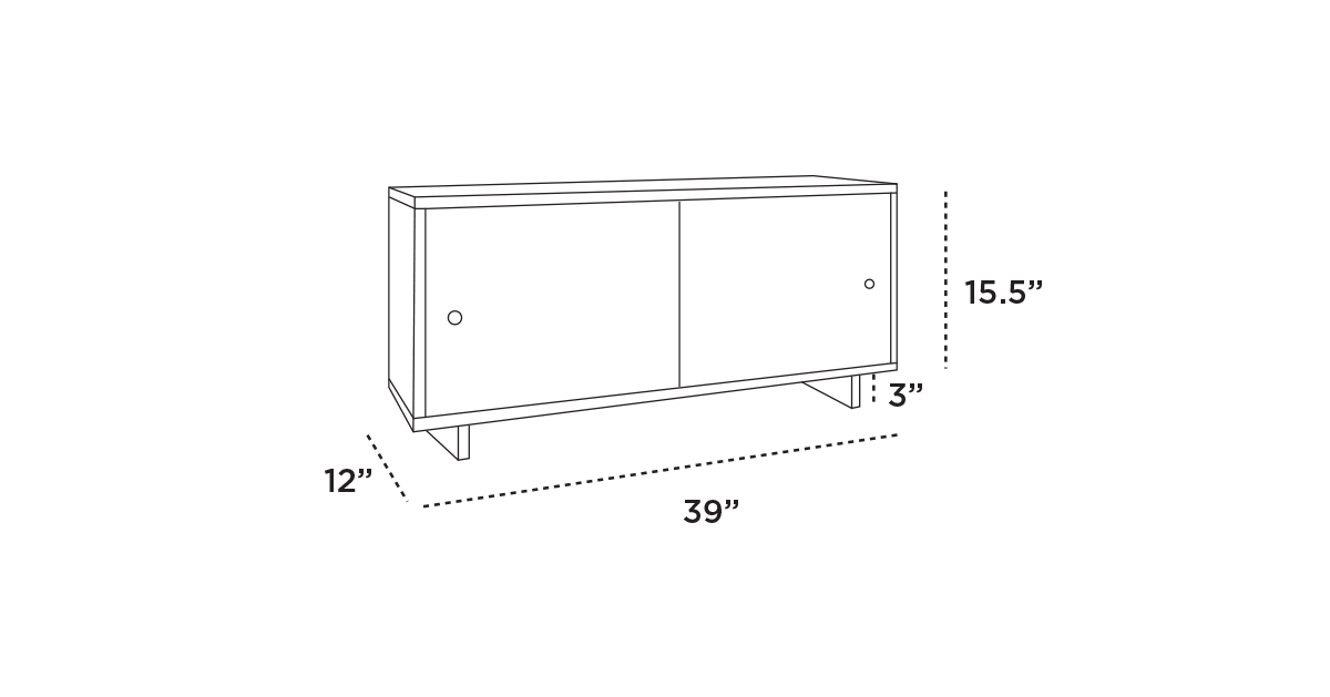 Illustration of a rectangular cabinet with two doors and legs, measuring 39 wide, 15.5 tall, and 12 deep.