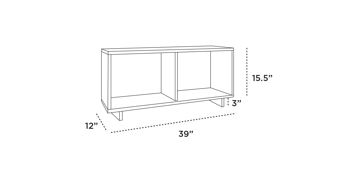 Outline of a rectangular cabinet with two compartments, dimensions labeled: 39 width, 15.5 height, 12 depth, with an additional 3 for base legs.