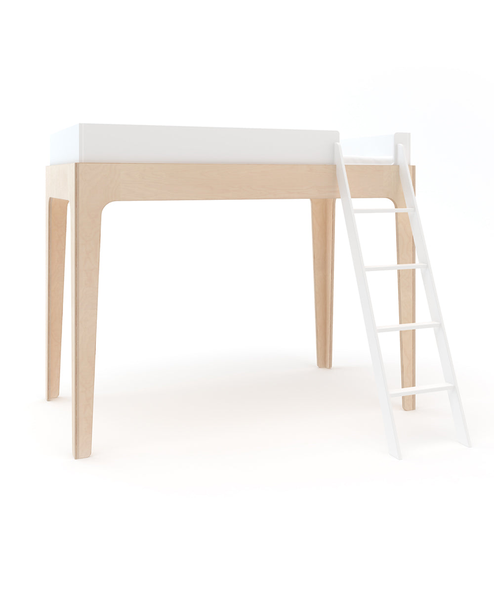 The Perch Twin Loft Bed features a minimalist design with a right-side ladder, light wood finish, and versatile storage underneath, creating an ideal elevated sleep space.