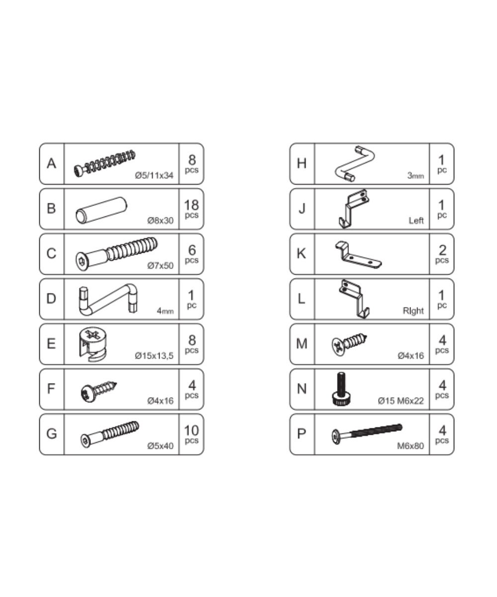 Perch Console and Shelf Hardware diagram with labeled screws, dowels, cam locks, bolts, and metal brackets (A–P).