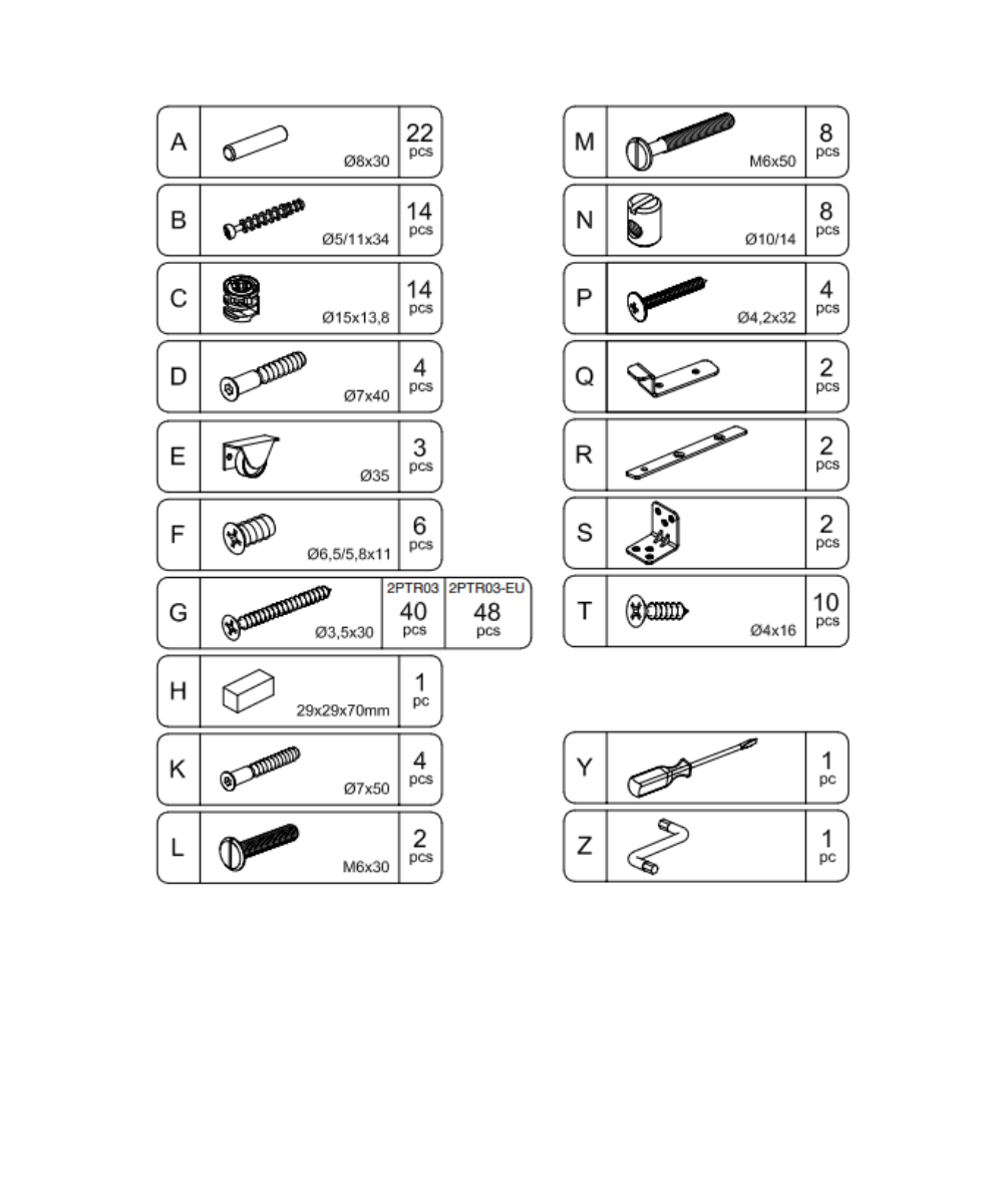 Perch Trundle Hardware parts list with labeled images of screws, bolts, dowels, brackets, and quantities for each item.