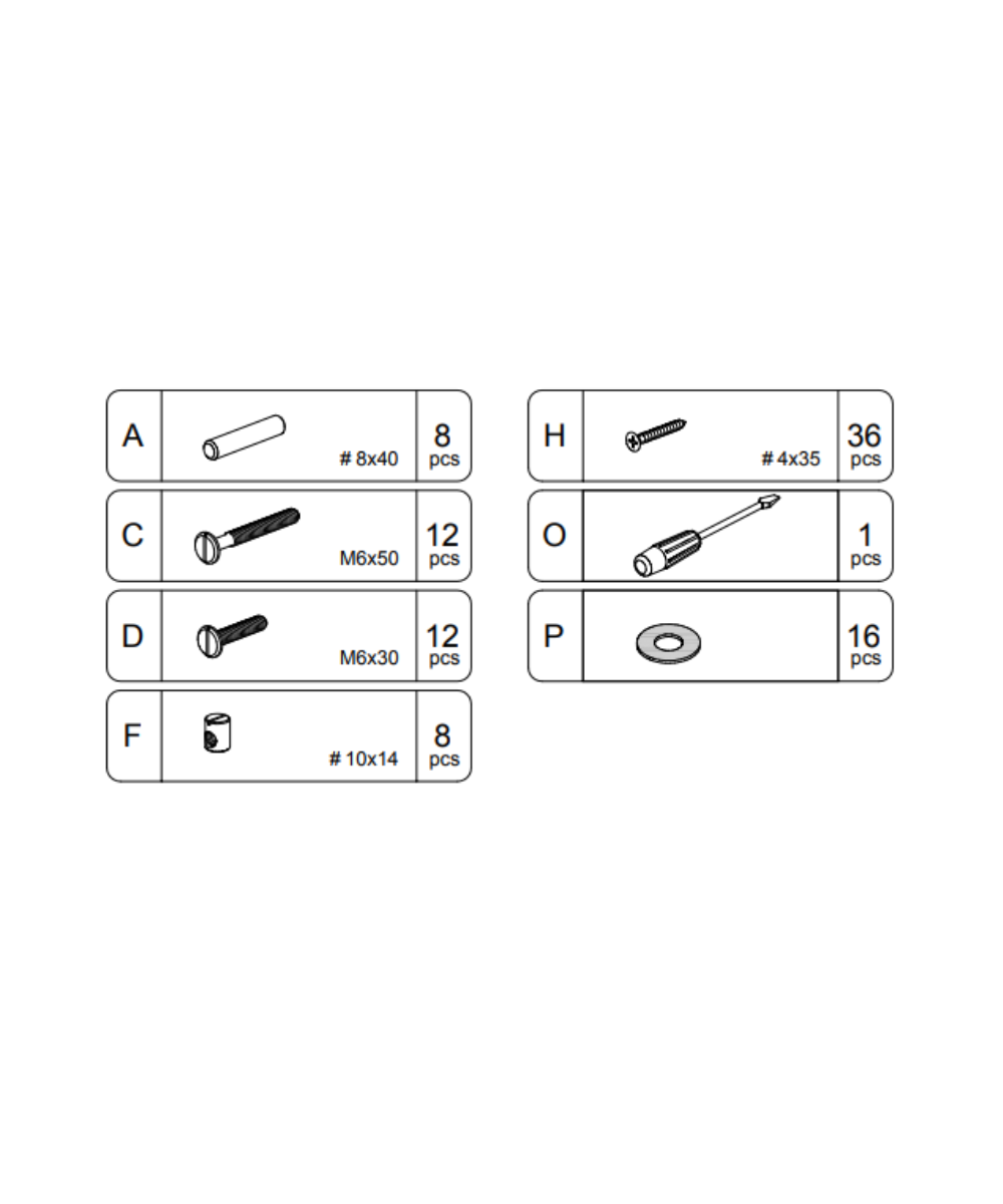 Perch Twin Bed Hardware chart displays item letters, images, sizes, and quantities for screws, bolts, and washers.