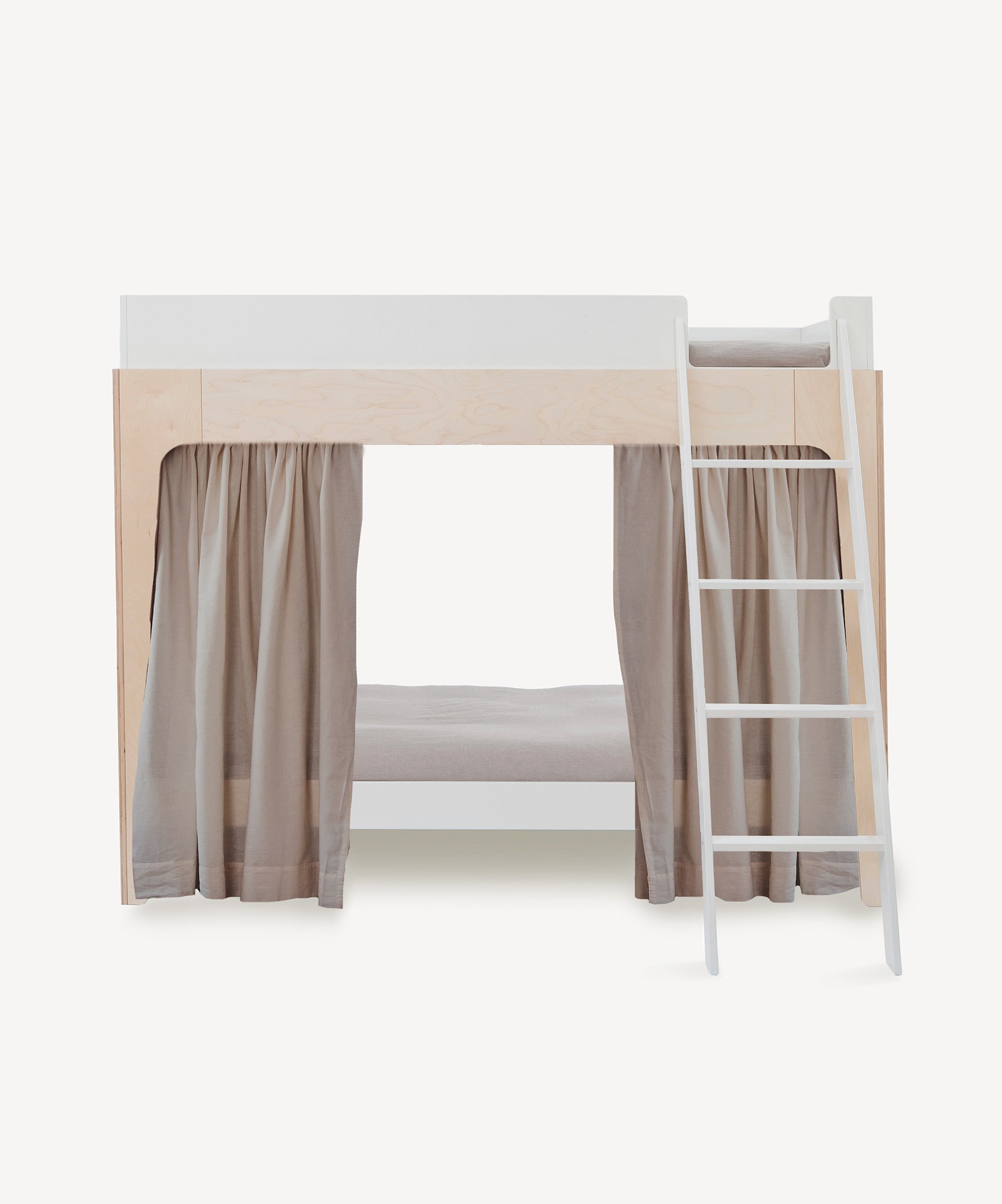 Perch Bunk Bed with beige Perch Bunk Bed Curtains on the lower bunk and a white ladder on the right side.