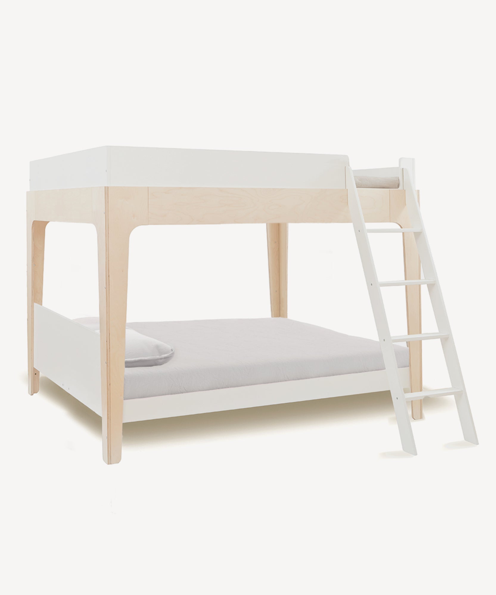 The Perch Full Bunk Bed features a modern light wood finish with white accents and an angled ladder on the right.