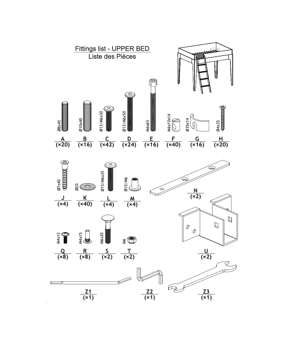 Perch Full Loft Bed Hardware diagram showing labeled screws, bolts, tools, and hardware with quantities for assembly.
