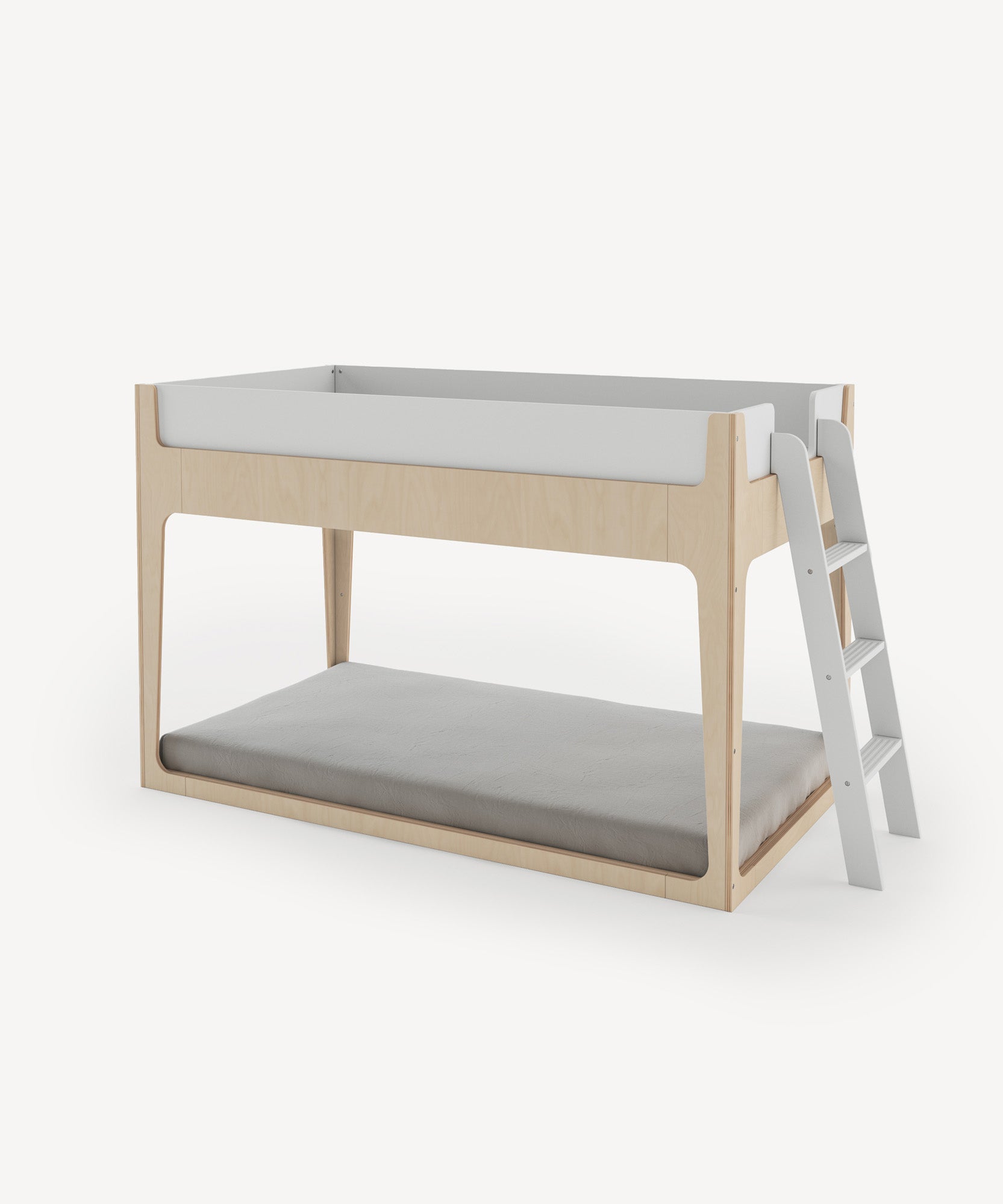 The Perch Nest Bed is a minimalist bunk bed with a side ladder, featuring a light wood frame and white accents.