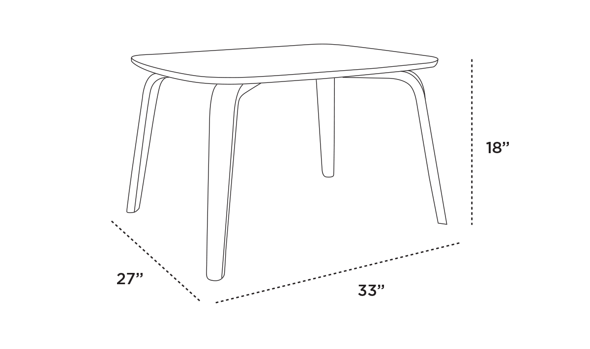 Silhouette of a four-legged table with dimensions: 33 inches long, 27 inches wide, and 18 inches high.