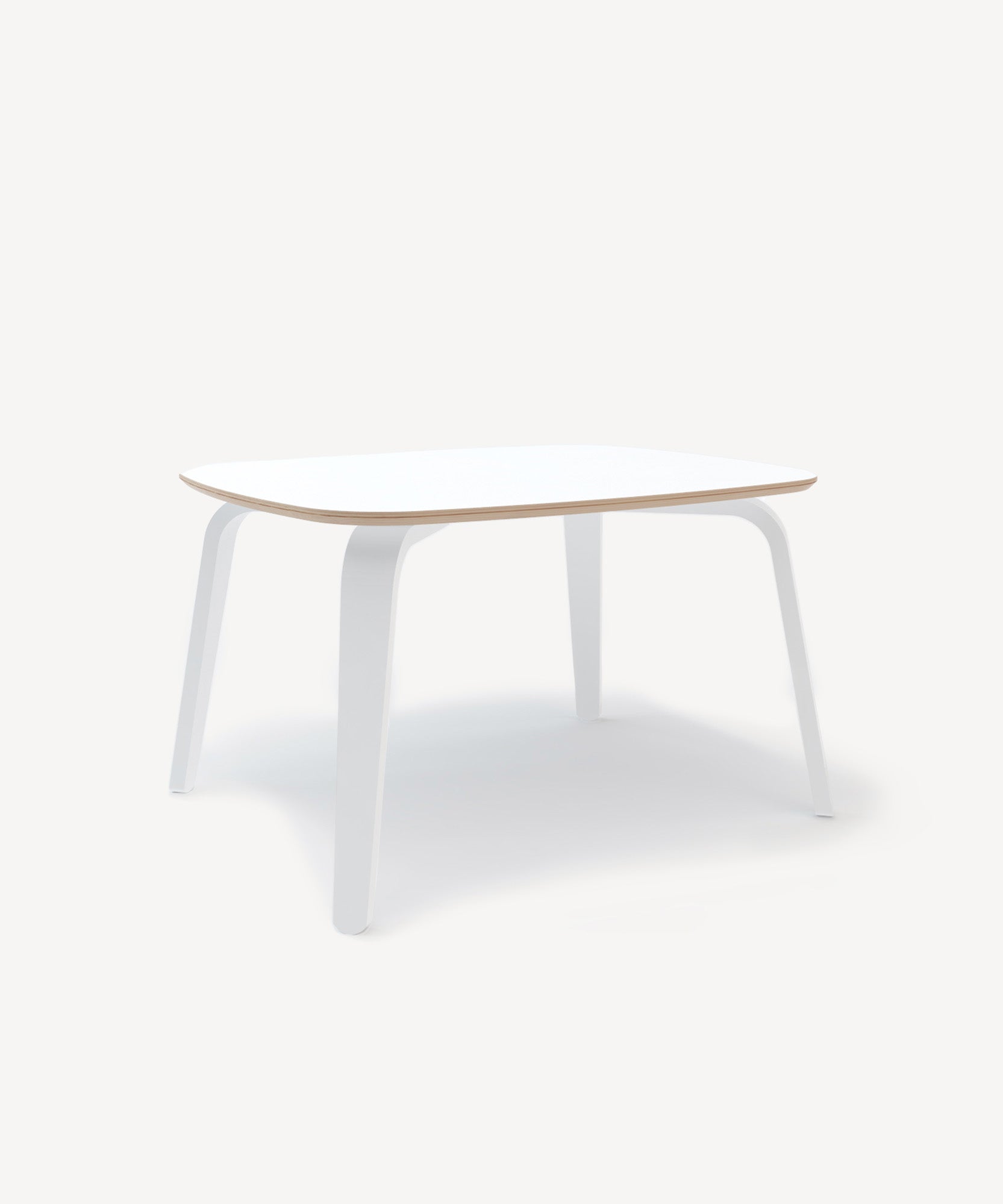 Play Table: A minimalist white table featuring thin, slightly curved legs and a smooth rectangular top.