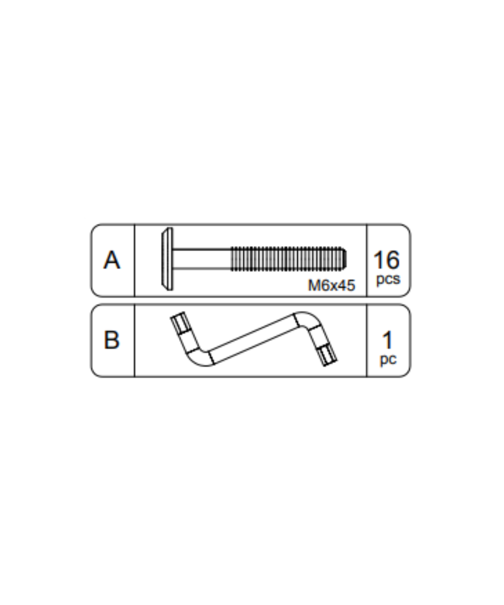 Play Table Hardware includes 16 M6x45 bolts (A) and 1 hex key (B) for assembly, as shown in the diagram.