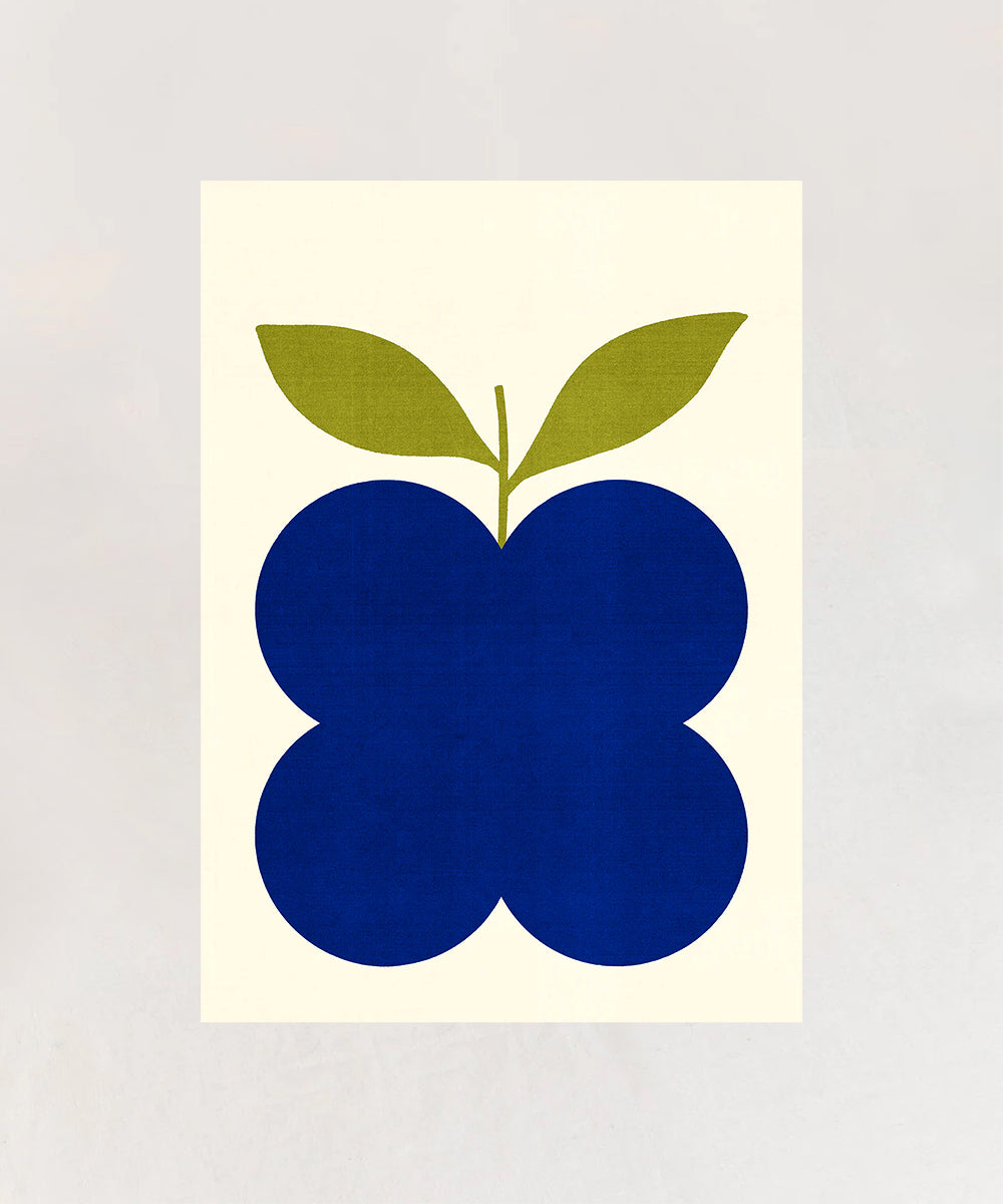 Le Indigo Fruit Poster features an abstract illustration of a blue apple-like shape with two green leaves on a plain background.