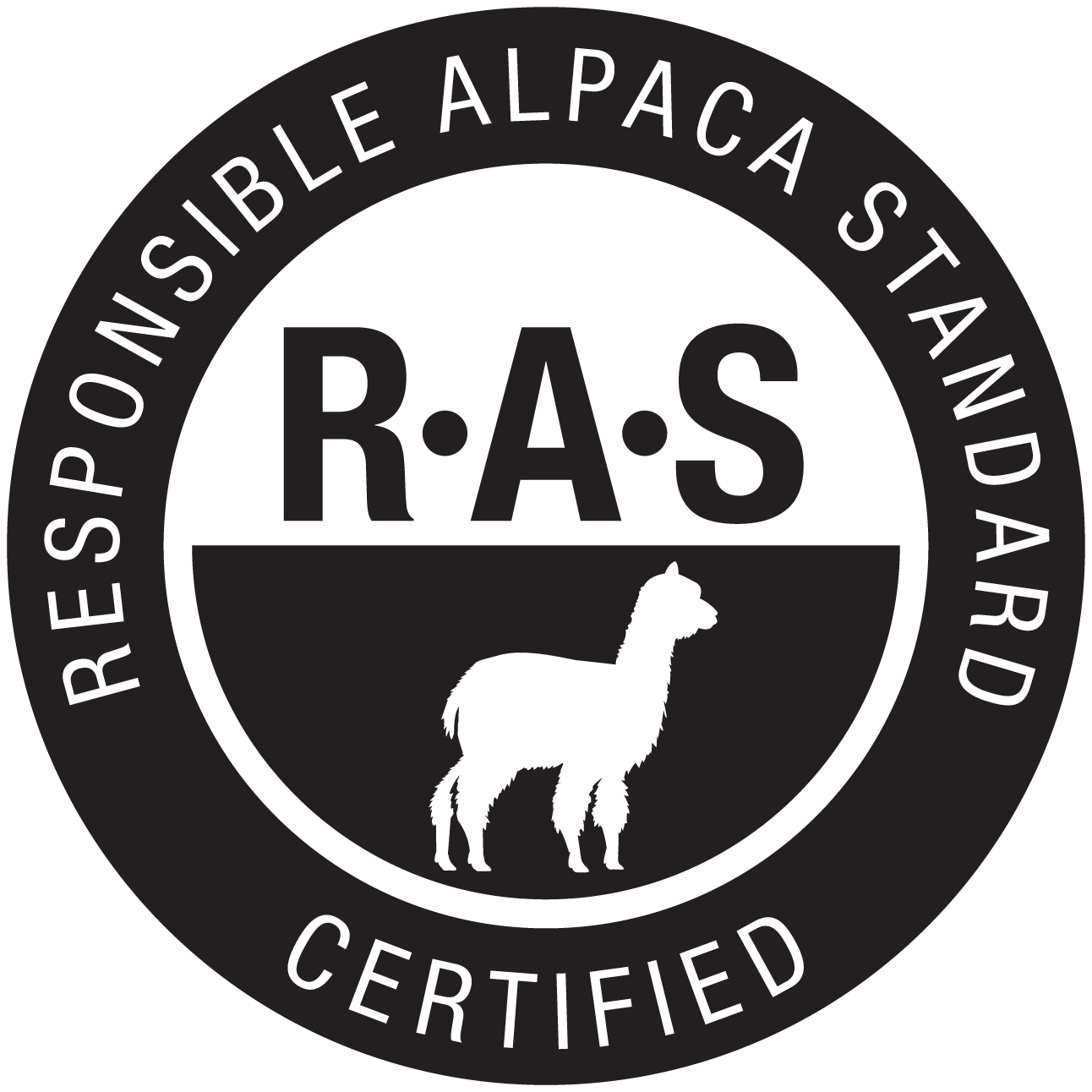 Logo of Responsible Alpaca Standard certification featuring the letters RAS and a silhouette of an alpaca within a circular seal.