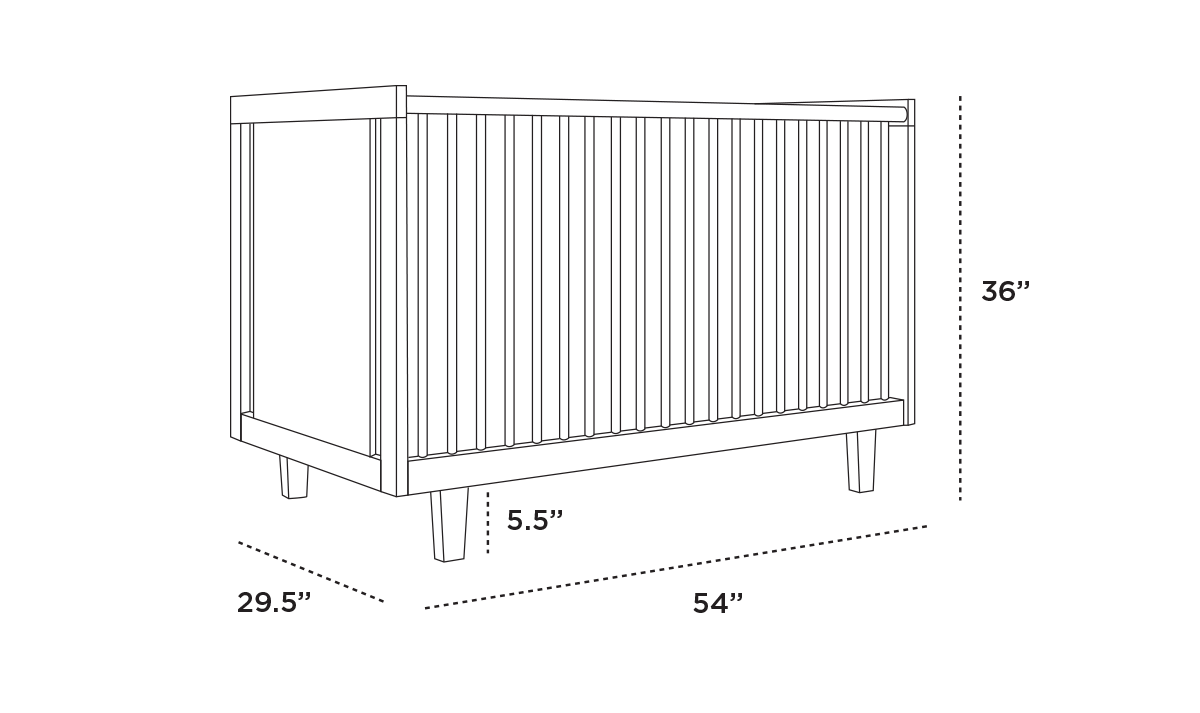 Line drawing of a rectangular furniture piece with four legs, labeled dimensions: height 36 inches, width 54 inches, and depth 29.5 inches; leg height 5.5 inches.