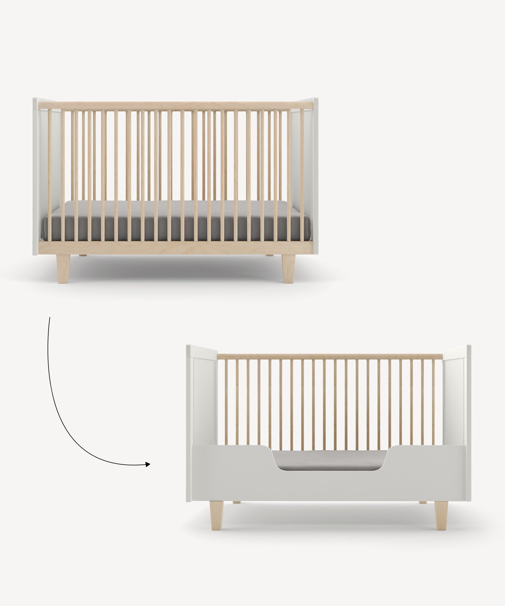 The Rhea Toddler Bed Conversion Kit allows a convertible crib to transform into a toddler bed, with an arrow indicating the transition.