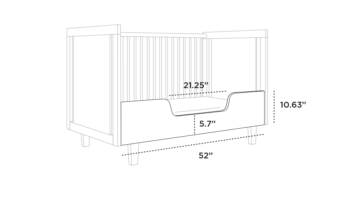 Illustration of a crib with measurements: height 10.63 inches, width 52 inches, and depth 5.71 inches.