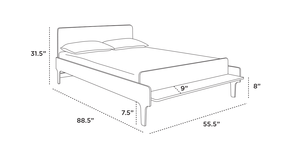 Illustration of a bed with dimensions: height 31.5 inches, length 88.5 inches, width 55.5 inches, headboard 8 inches thick, and 7.5-inch legs.