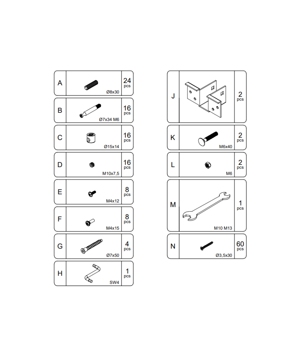 River Full Bed Hardware: assembly parts list with labeled diagrams, quantities, and item codes for each hardware component.