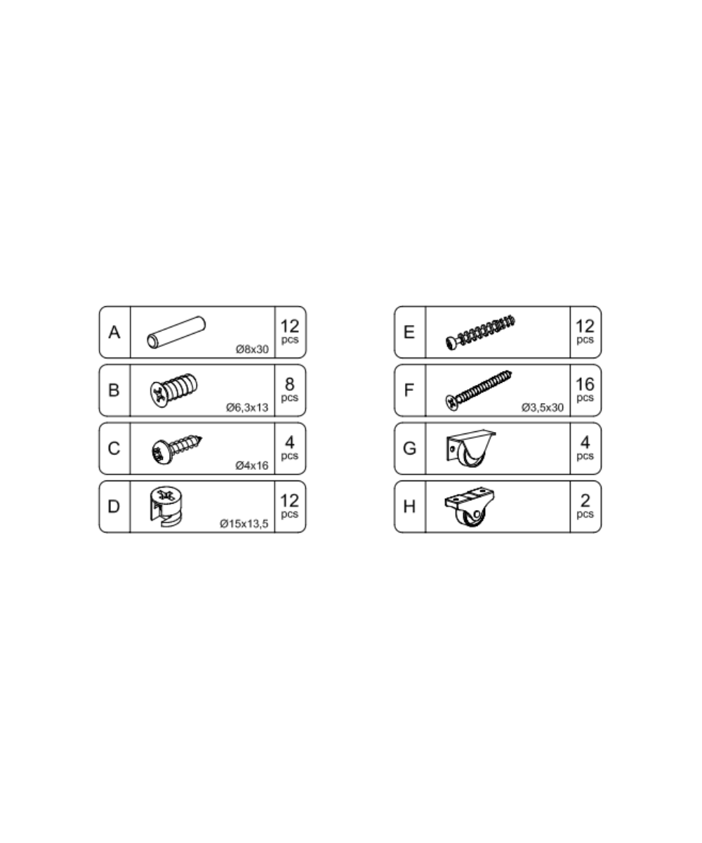 River Trundle Hardware assembly diagram: labeled parts A–H (screws, dowels, fittings) shown with quantities and sizes.