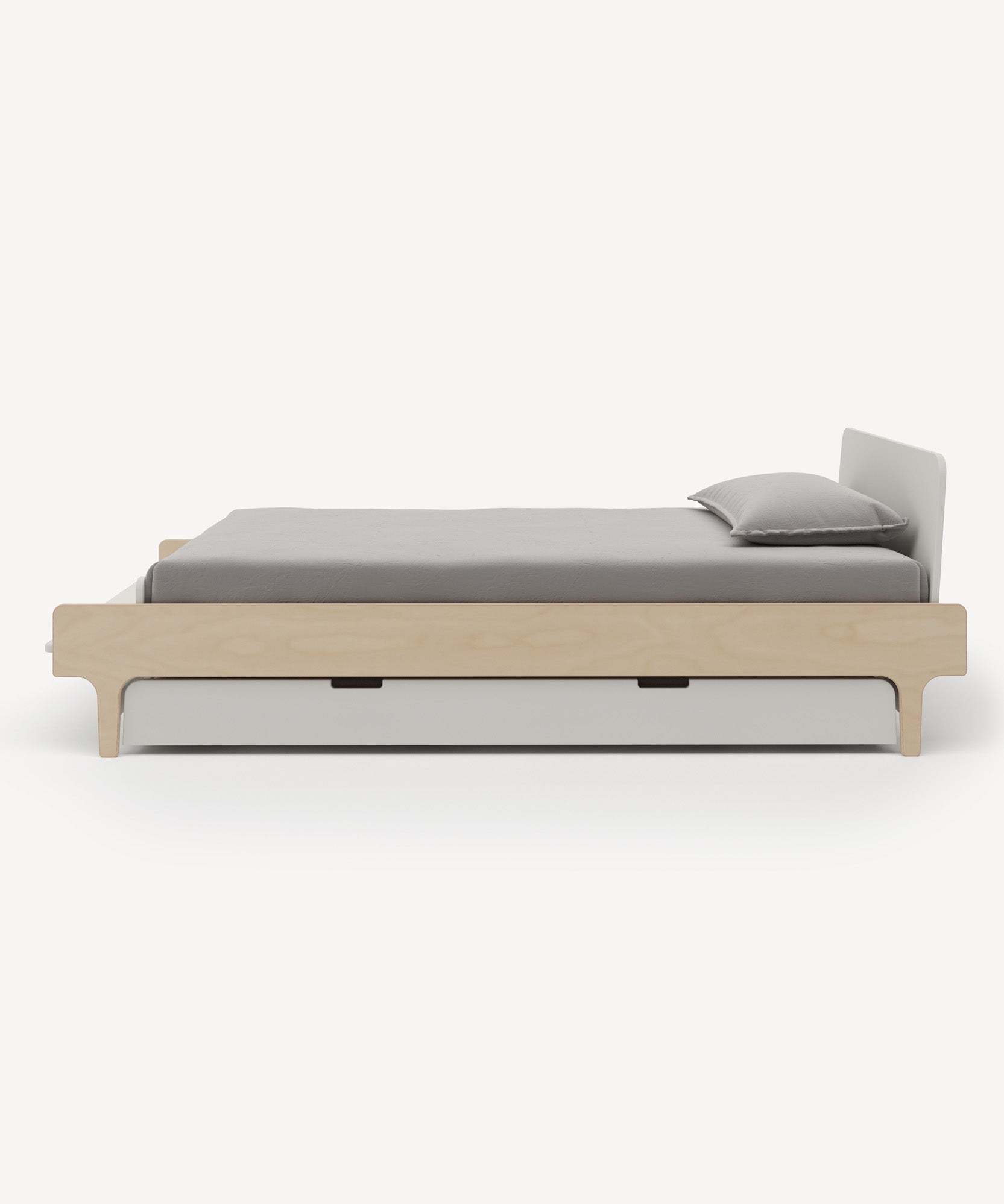 River Trundle Bed with a gray mattress and pillow, side view against a white background.